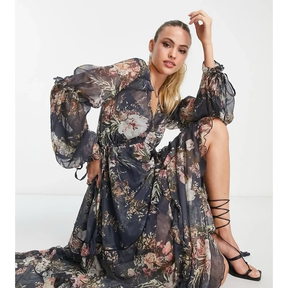 Cottagecore Midi Dress Blue Romantic Chiffon Boho Sheer Fairycore Floral 8 ASOS - Picture 3 of 11